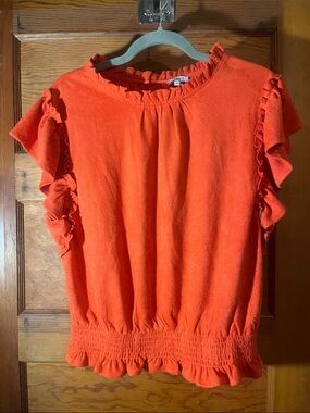 Women's Orange Ruffle Sleeve Blouse with Smocked Hem